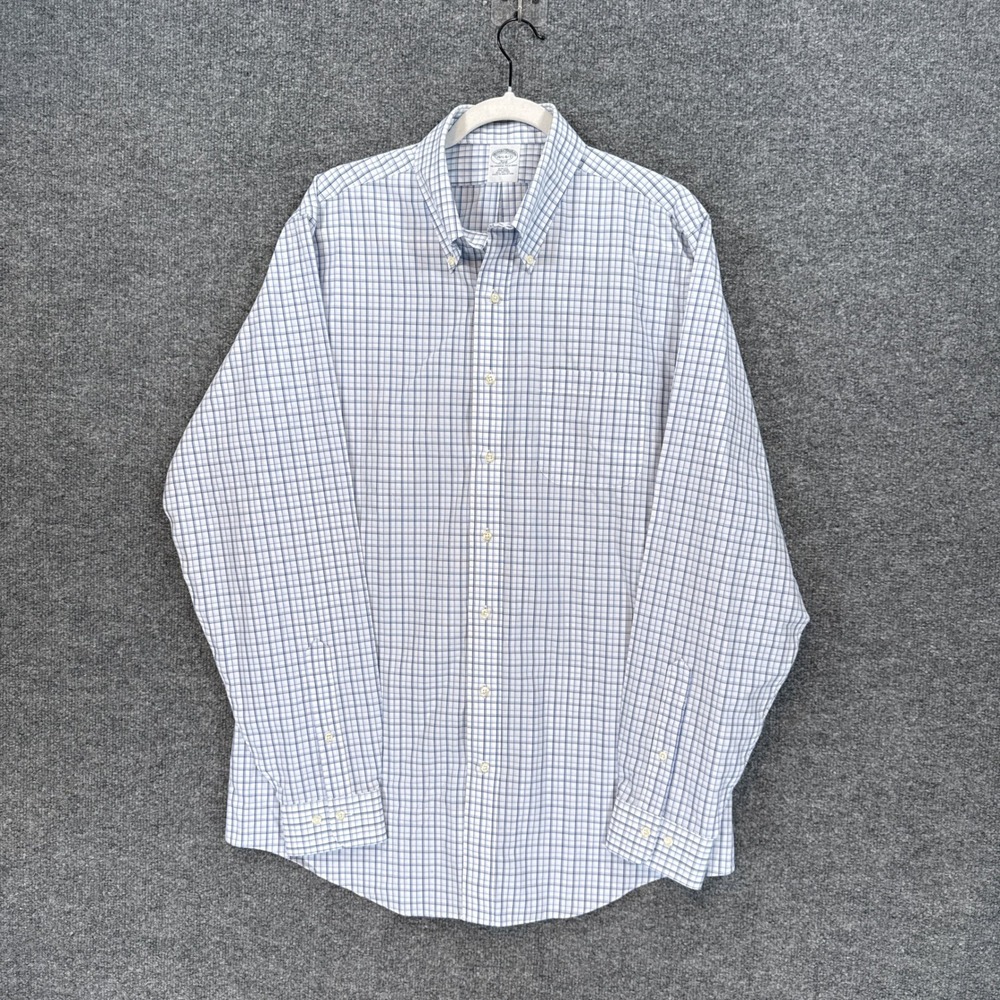 Brooks Brothers Button Down Shirt Mens 16.5 Blue Check Slim Fit Non Iron Dress